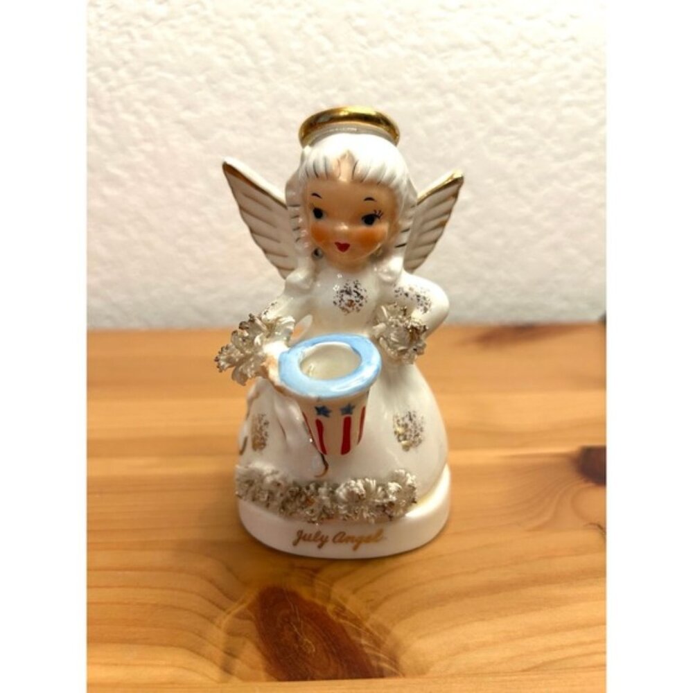 Vintage Lefton July Birthday Girl Figurine holding a Patriotic Top Hat